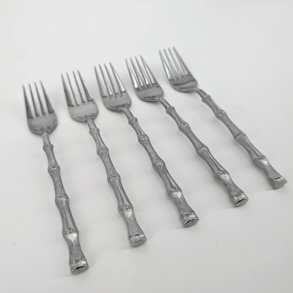 Oxford Hall Stainless Japan Bamboo Handle Dinner Forks Set of 5 7.75